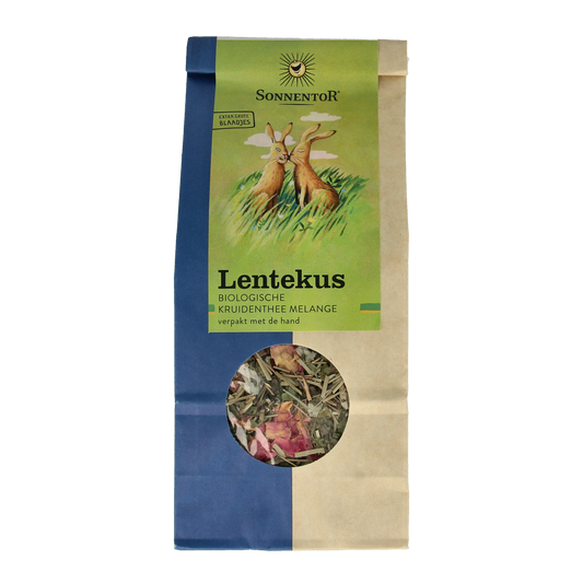Sonnentor Lentekus loose organic tea in an 80g package, featuring dried tea leaves and herbs in a clear bag.