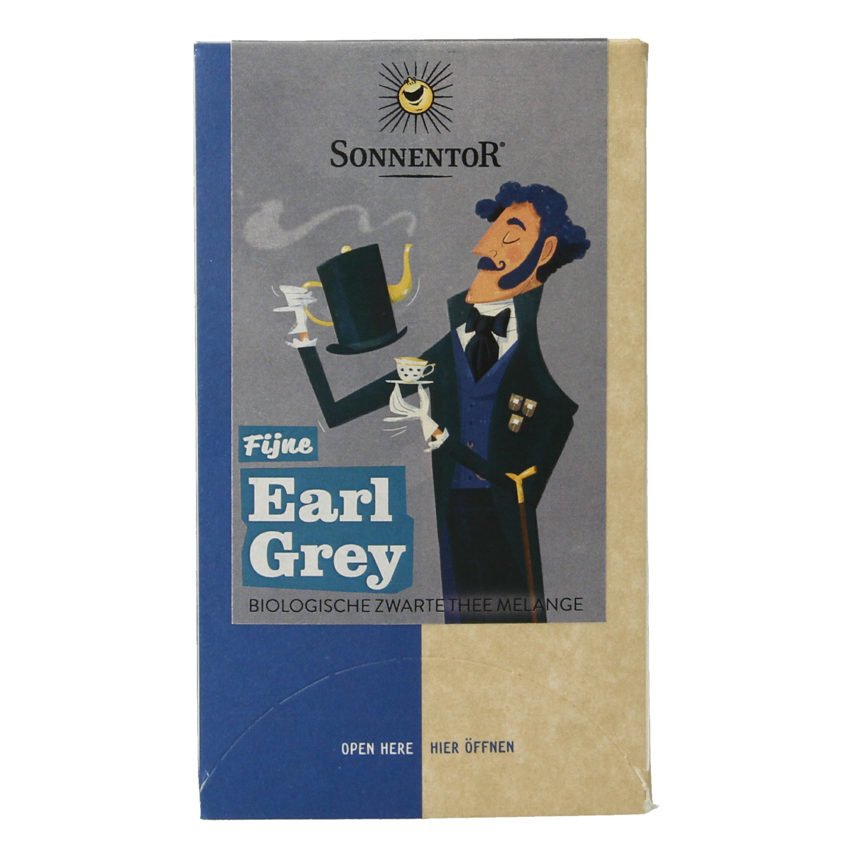 Organic Sonnentor Earl Grey tea bags, 18-count, featuring black tea with bergamot aroma, in a clear package.
