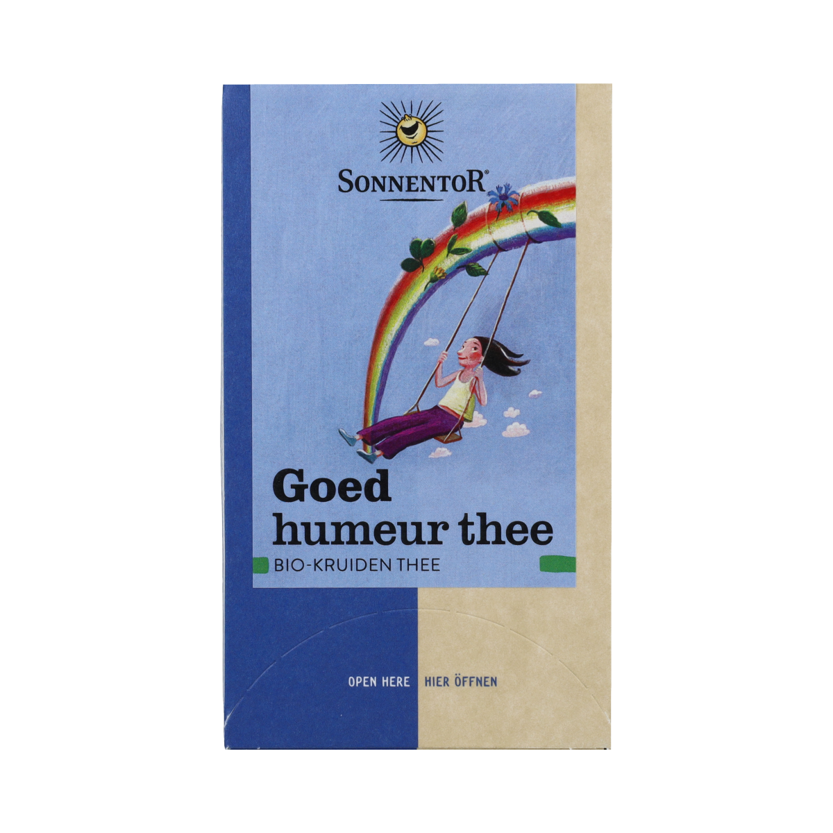 Sonnentor Goed humeur bio tea box with 18 tea sachets, featuring herbal tea bags with colorful packaging and natural ingredients.