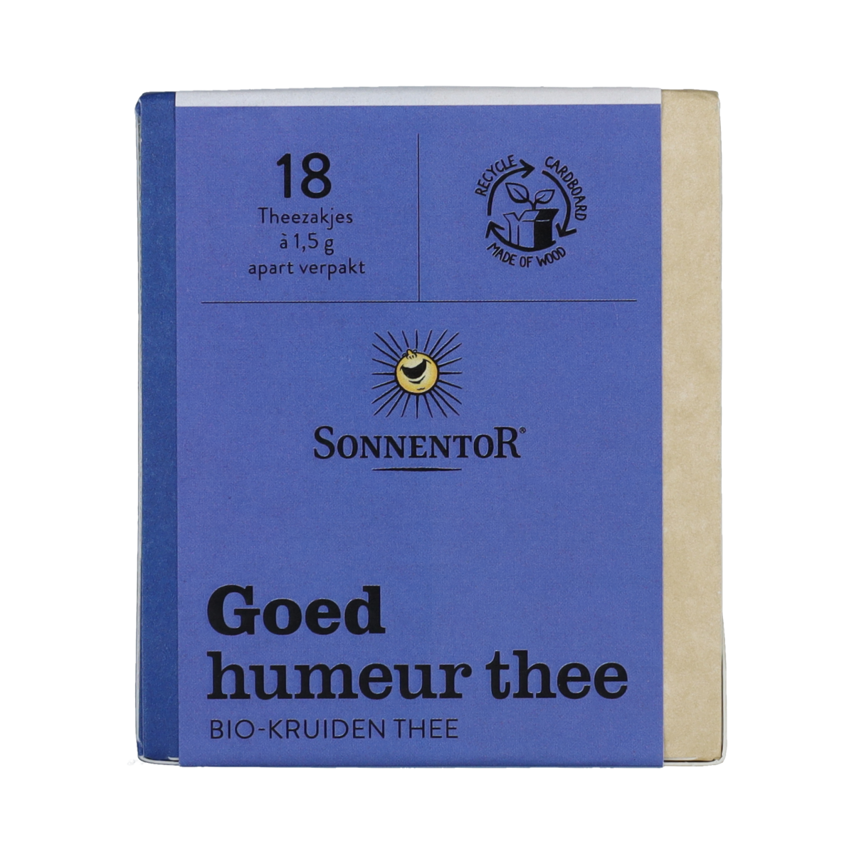 Sonnentor Goed humeur bio tea box with 18 tea bags, featuring herbal tea packaging and natural design elements.