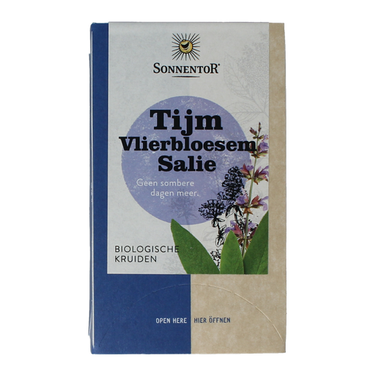 Sonnentor organic thyme, elderflower, and sage tea in a box, 18 tea bags, natural herbal blend for brewing.