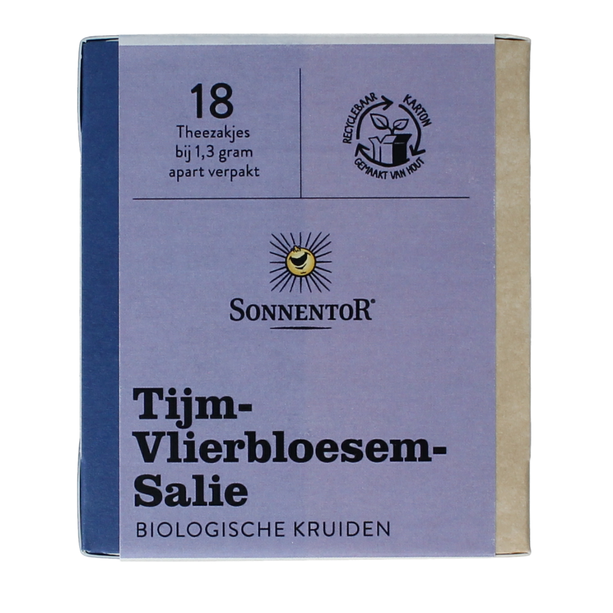 Sonnentor organic thyme elderflower sage tea bags, 18-count, with fresh herbs and floral notes, in a resealable package.