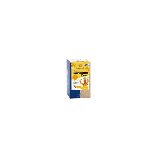 Sonnentor Gouden Kurkuma thee bio in a box of 18 tea bags, featuring vibrant turmeric root and herbal ingredients.