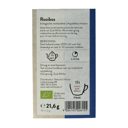 Sonnentor organic rooibos tea box with 18 tea bags, featuring red rooibos leaves on the packaging.