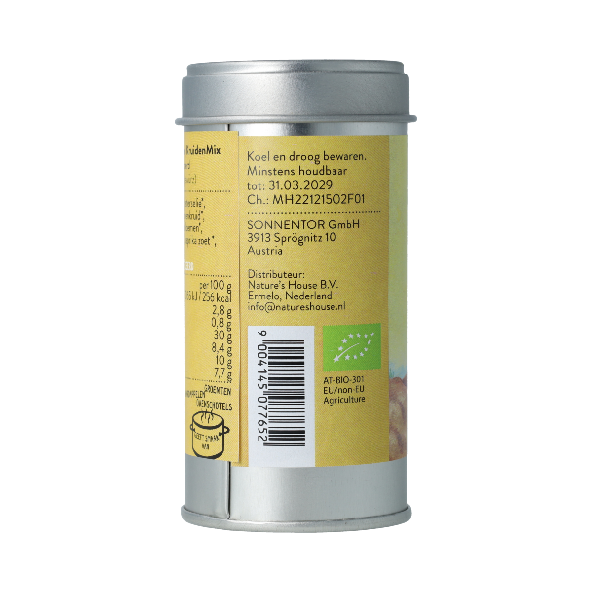 Sonnentor Sara aardappelkruiden in metalen bus, organic potato herb mix, 22g, for flavorful cooking and seasoning.