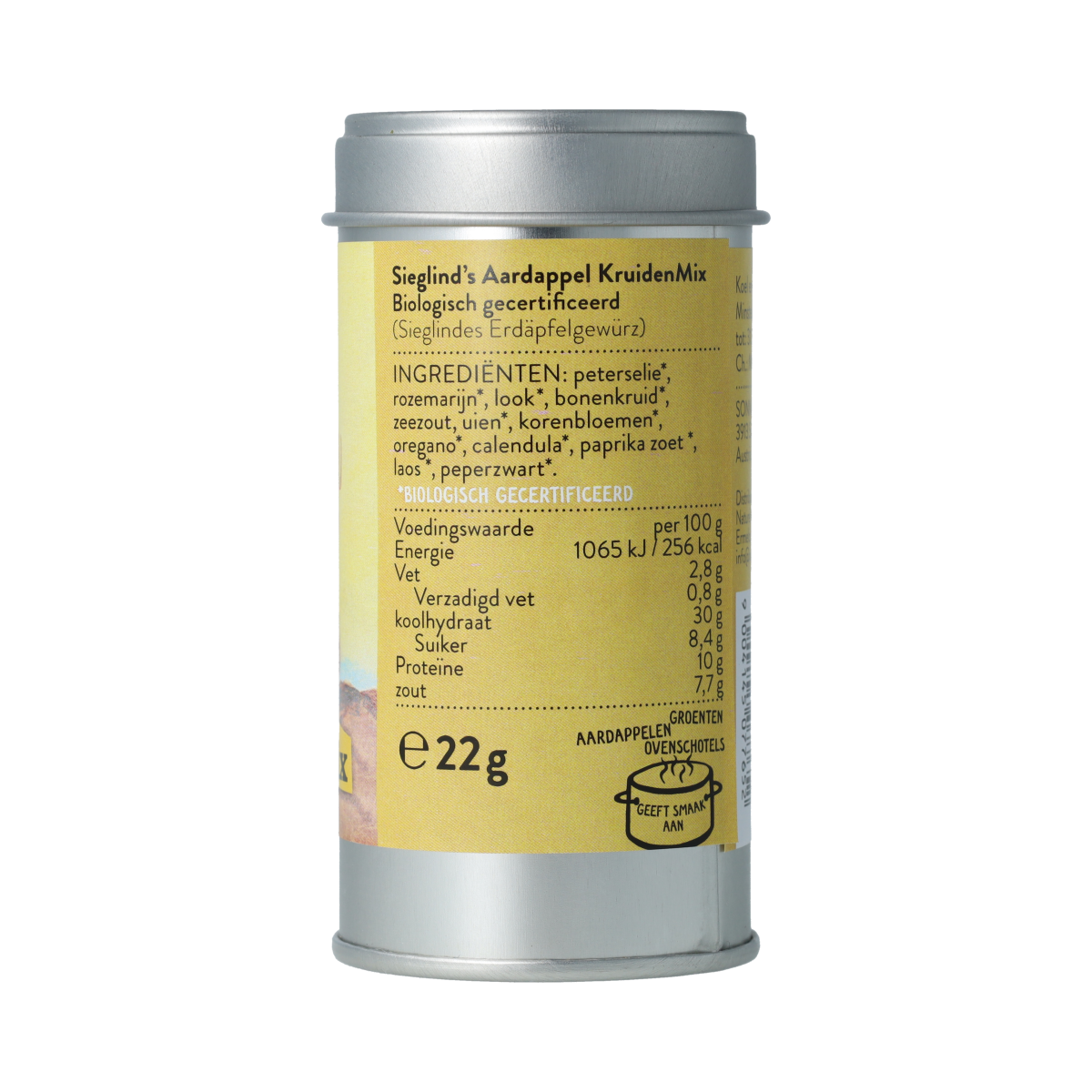 Sonnentor Sara aardappelkruiden in metalen bus, organic potato herb mix, 22 grams, for flavorful cooking and seasoning.