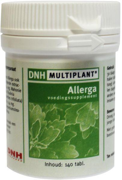 DNH Allerga Multiplant herbal supplement tablets showing a bottle of DNH brand kruidenpreparaten for allergy relief.