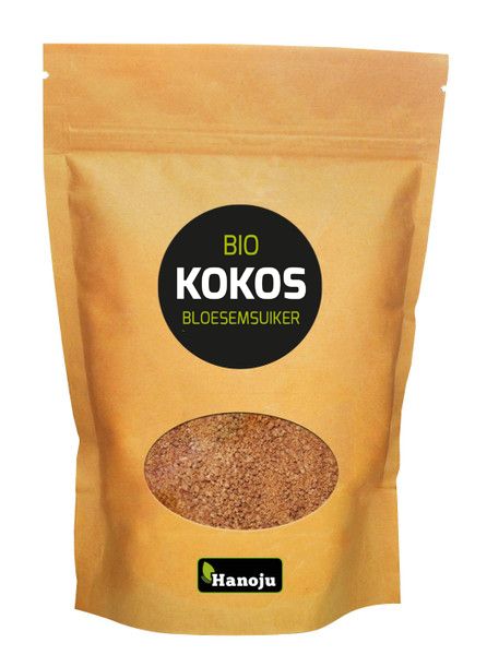 Hanoju organic coconut blossom sugar in a 500g package, natural sweetener with dried coconut flower crystals.
