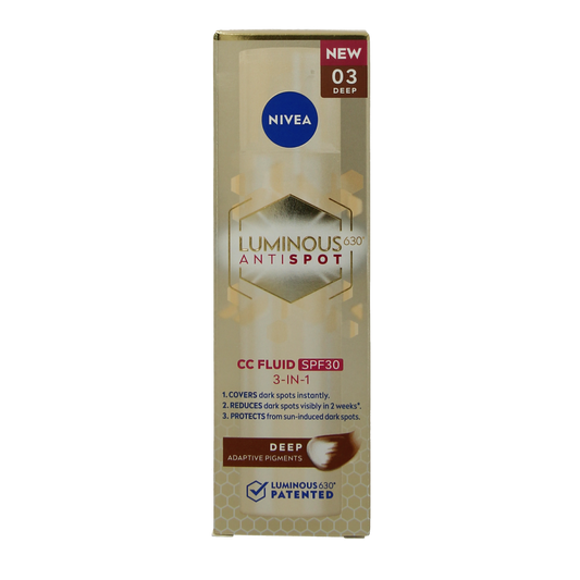 Nivea Cellular Luminous 630 SPF30 facial skincare fluid in a 40ml bottle, designed for evening skin tone and sun protection.