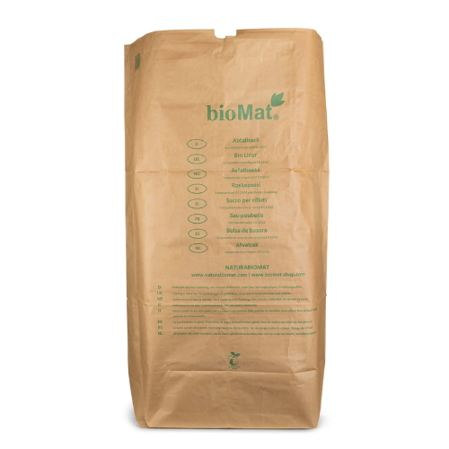 Biomat compostable paper trash bags, 240-liter capacity, pack of 25, suitable for household waste disposal.