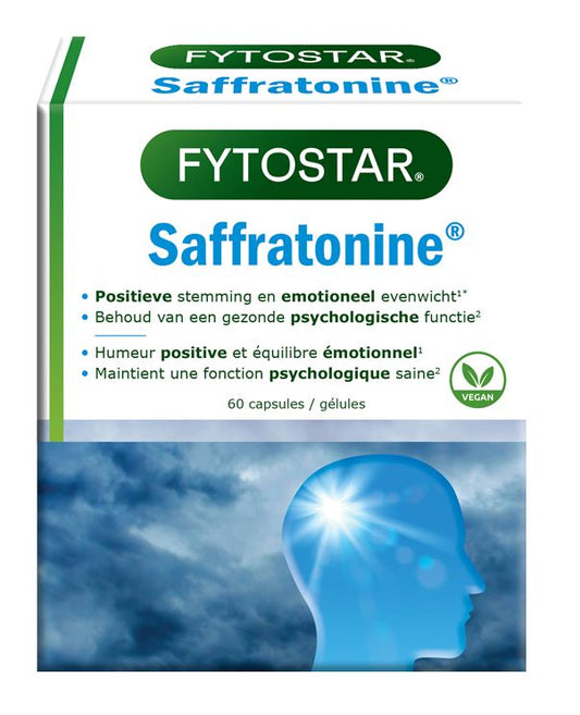 Fytostar Saffratonine capsules in a bottle, herbal supplement, natural ingredients for wellness, shown with capsule close-up.