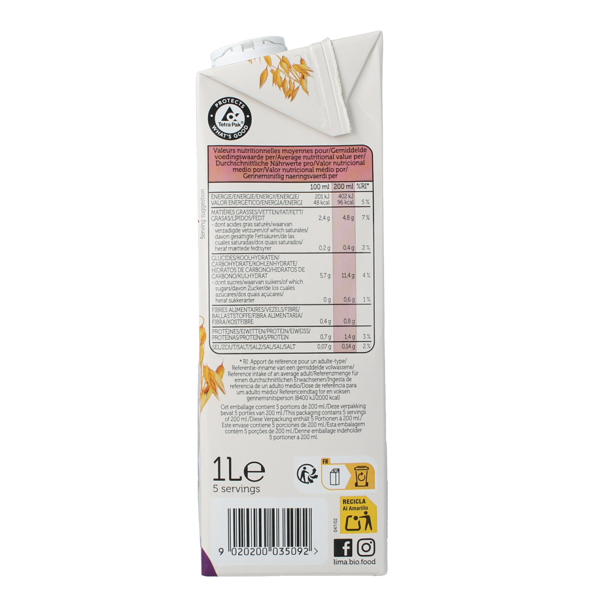 Lima Barista oat sugar-free bio drink in 1-liter bottle, fresh and natural oat beverage from the Dranken en Sappen category.