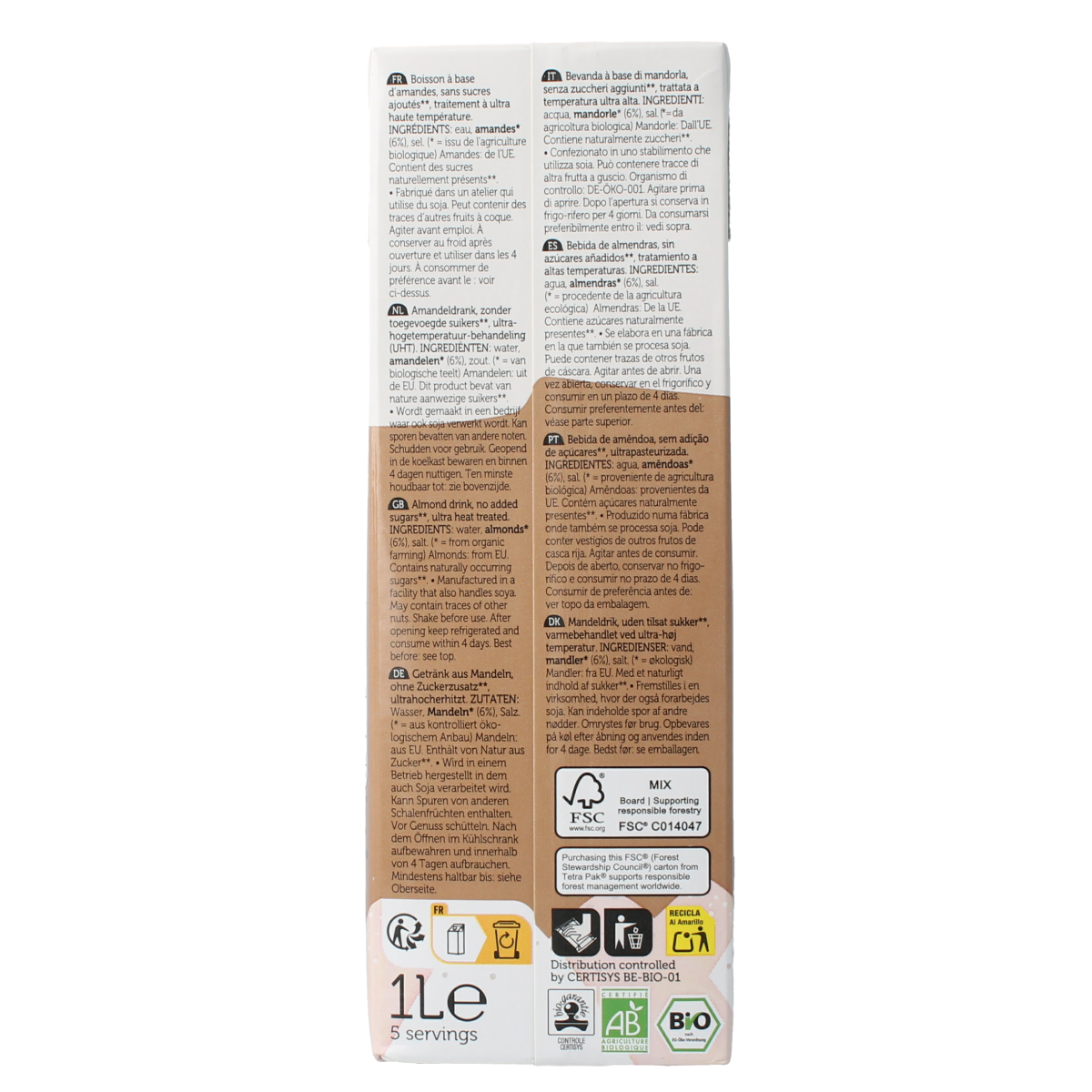 Lima Pur almond drink bio in a 1-liter carton, showcasing the fresh almond beverage with a clean, natural label.