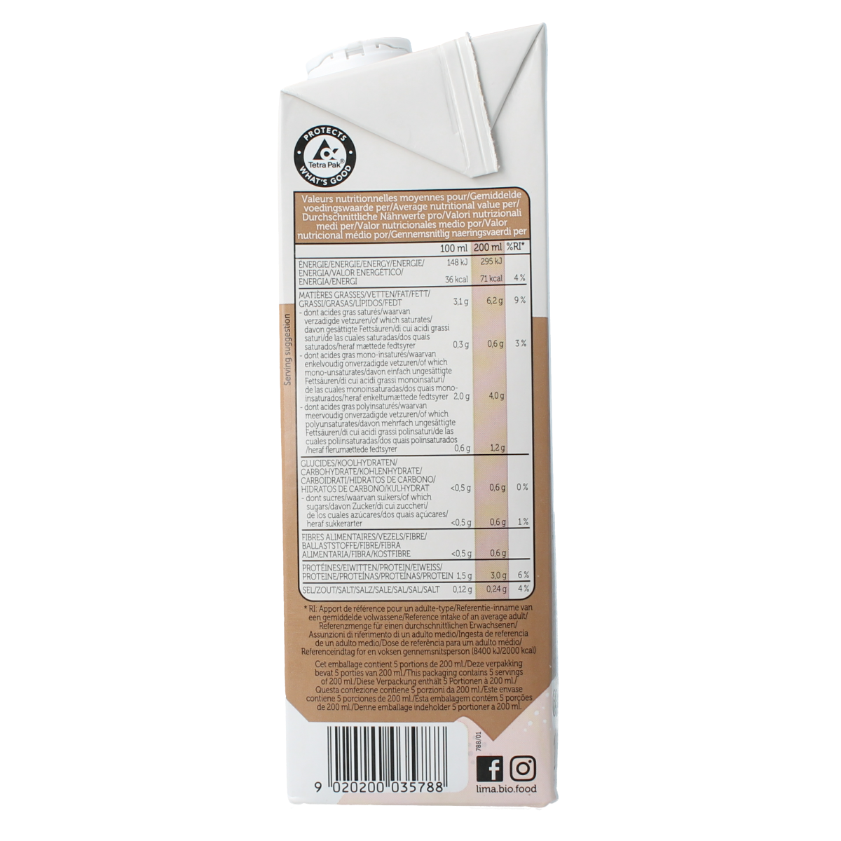 Lima Pur almond drink bio in 1-liter carton, creamy almond beverage from the organic Lima brand.