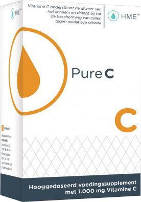 HME Pure C 60 capsules, vitamin C supplement in clear bottle, showing the product label with capsules inside.