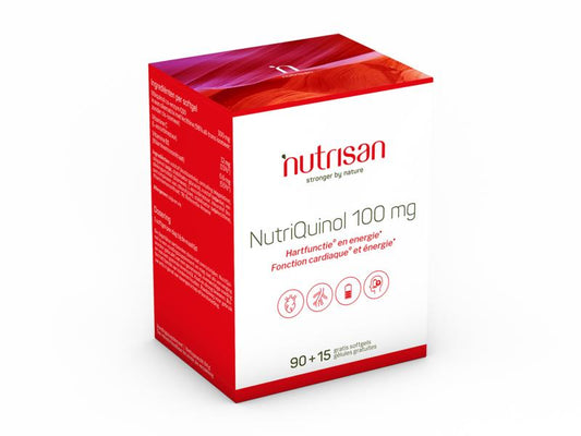 Nutrisan Nutriquinol 100 mg multivitamin softgels in a bottle, showing the supplement capsules and label.