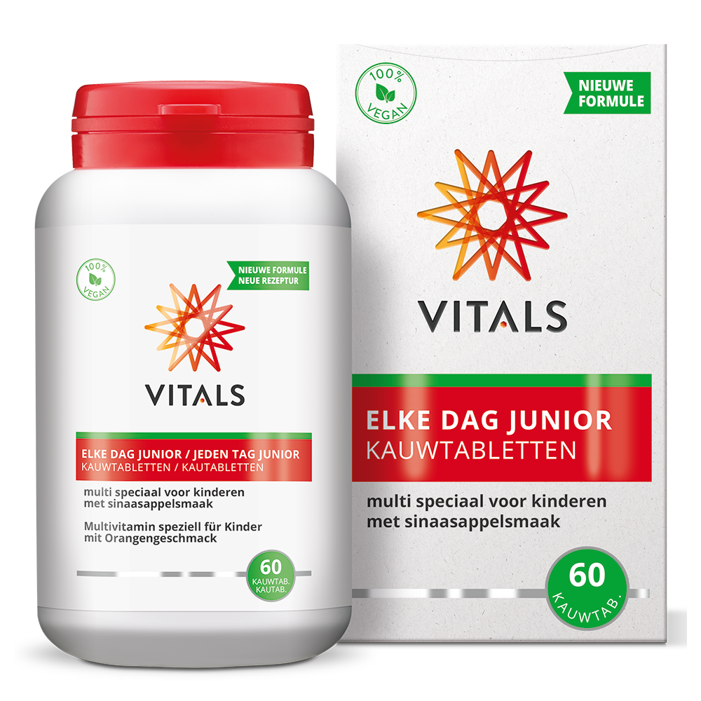 Vitals Elke Dag Junior multivitamin tablets in a small plastic container, designed for children’s daily nutritional support.