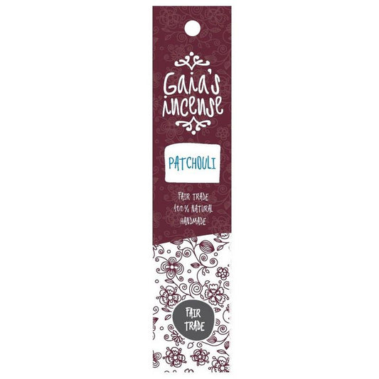 Gaia's Incense Wierook Patchouli Valley, 15 sticks of aromatic incense in natural packaging, ideal for relaxing or meditation.