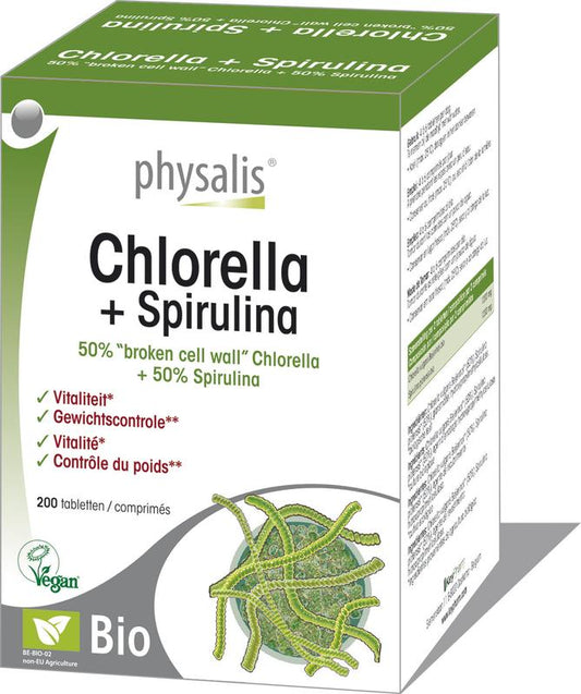 Physalis organic chlorella and spirulina tablets, herbal supplement in a bottle, showing green tablets for health and nutrition.