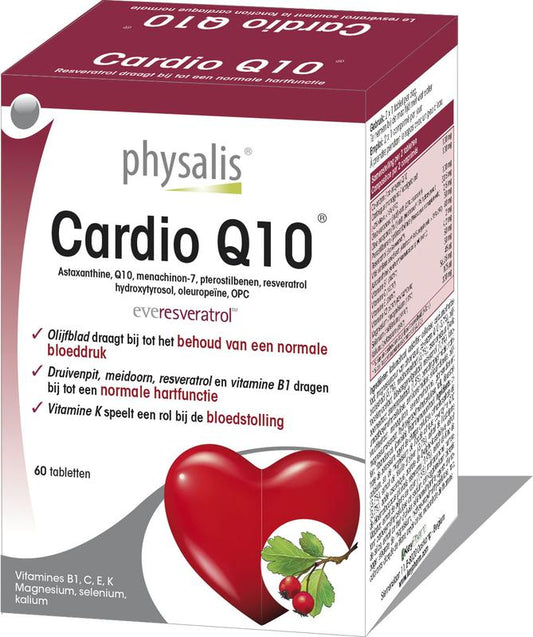 Physalis Cardio Q10 herbal supplement in a box of 60 tablets, featuring the product packaging and tablets.