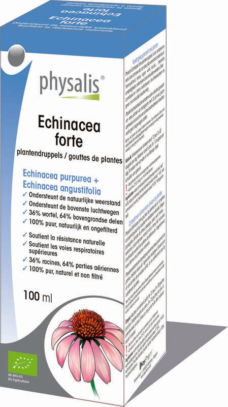 Physalis Echinacea forte herbal drops in 100ml bottle, natural supplement from Physalis for immune support, featuring Echinacea plant.