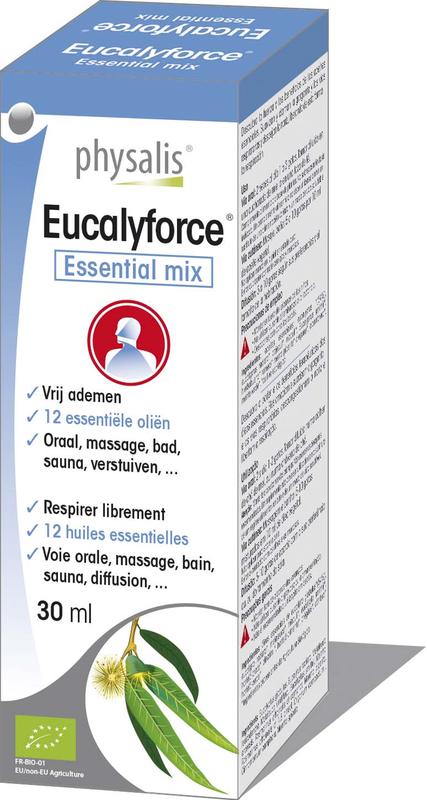 Physalis Eucalyforce essential mix bio in 30ml bottle, natural herbal blend for wellness, in a glass dropper bottle.
