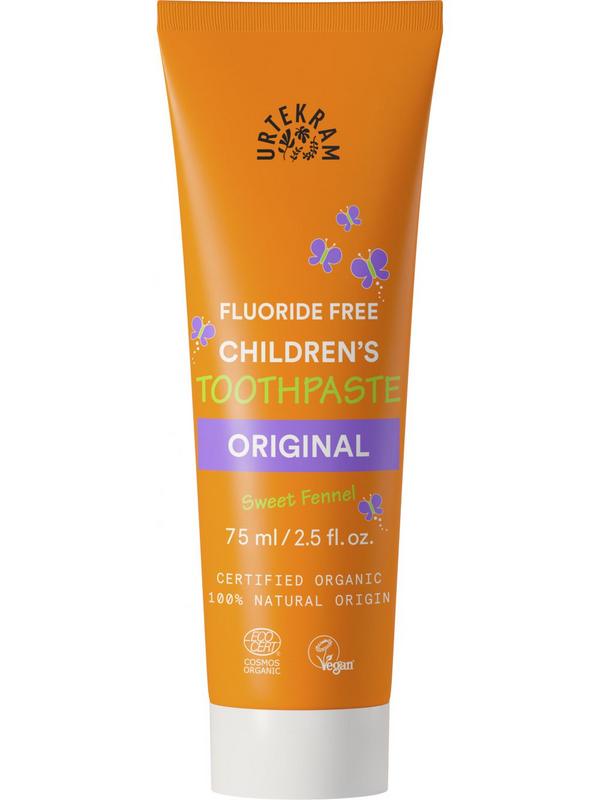 Urtekram Kinder tandpasta in 75ml tube, natural fluoride toothpaste for children with gentle, organic ingredients.