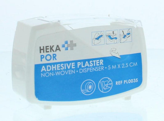 Hekapor non-woven hechtpleister dispenser with 5x2.5 cm adhesive bandages, one piece, for wound care and first aid.