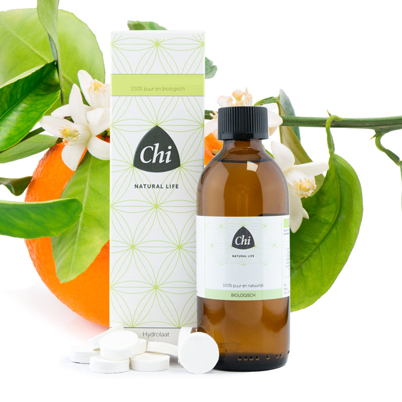 Chi Oranjebloesem hydrolaat bio in 150ml bottle, natural body care product with orange blossom scent and organic ingredients.