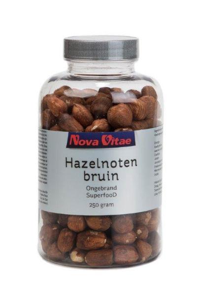 Raw hazelnuts in a 250g package from Nova Vitae, unroasted, natural brown superfood with fresh, whole appearance.
