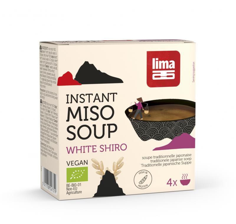 Lima white shiro miso soup packets, bio, 4 x 16.5g, displayed with soup bowls and ingredients on a table.