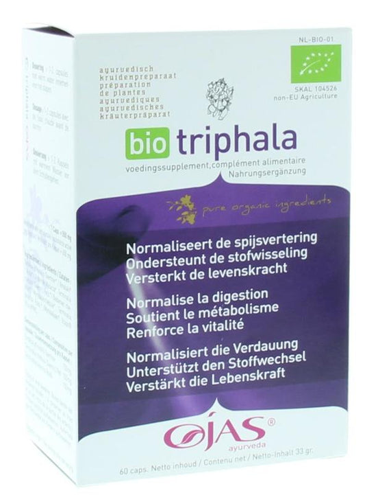 Ojas Triphala bio capsules in a bottle, herbal supplement from Kruidenpreparaten line, 60 capsules for digestive health.