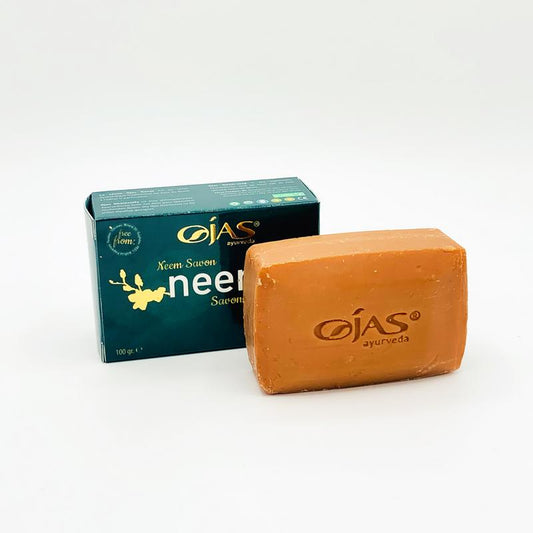 Ojas Neem soap 100g bar with natural neem ingredients, showcasing the herbal soap on a plain background.