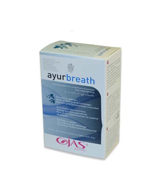 Ojas Ayurbreath capsules, herbal supplement from Ojas brand, shown in a close-up image of the capsule bottle and capsules.