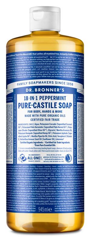 Dr Bronners peppermint liquid soap in 945ml bottle, showing the green label and clear soap inside.
