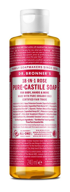 Dr. Bronner's liquid soap in a 240ml bottle, featuring natural ingredients and a clear label, displayed on a plain background.