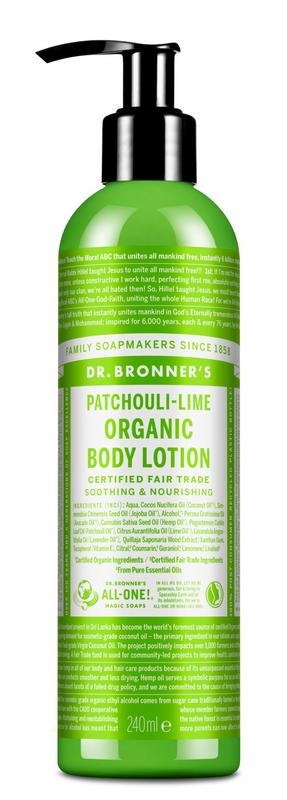 Dr Bronners Bodylotion Patchouli Lime 240ml with natural ingredients, showing a pump bottle of moisturizing body lotion.