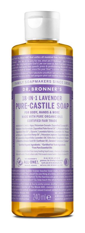 Dr Bronners lavender liquid soap in 240ml bottle, displaying the transparent bottle with lavender-scented soap inside.