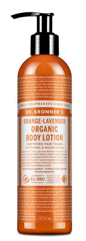 Dr Bronners bodylotion sinaas/lavendel in 240ml bottle, showing the label and packaging for body care and moisturizing.