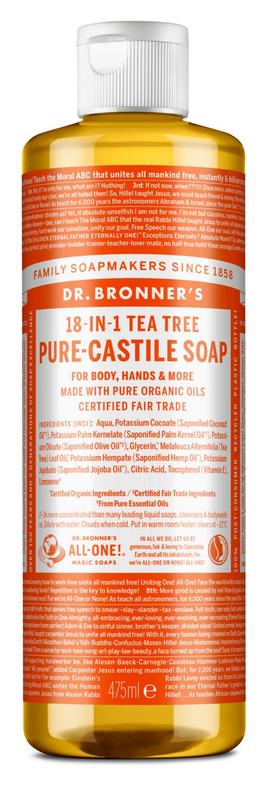 Dr Bronners liquid tea tree soap in a 475ml bottle, showcasing the transparent bottle with soap inside and a clean label.