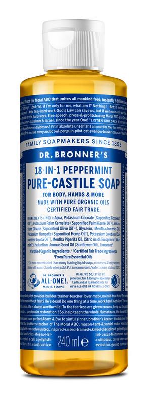 Dr Bronners peppermint liquid soap in 240ml bottle, natural plant-based cleanser with fresh peppermint scent, for hands and body.