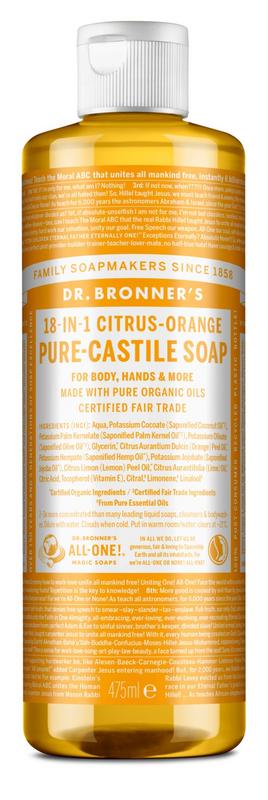 Dr Bronners citrus orange liquid soap in 475ml bottle, natural Zeep with vibrant orange and citrus scent.