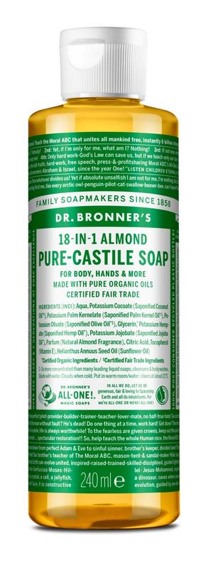Dr Bronners Liquid Soap Amandel in 240ml bottle, showing the biodegradable soap with almond scent and eco-friendly packaging.