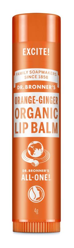Dr Bronners lipverzorging sinaasappel gember in 4g tube, close-up of orange and ginger-flavored lip balm packaging.