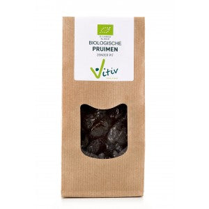 Vitiv organic pitted plums in a 250g package, showing fresh, ripe purple plums without pits on a white background.