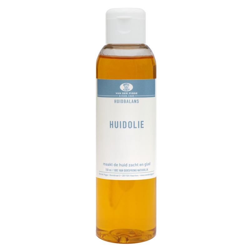 Van der Pigge Huidbalans huidolie in 150ml bottle, natural body care product with a clear label and dropper cap.