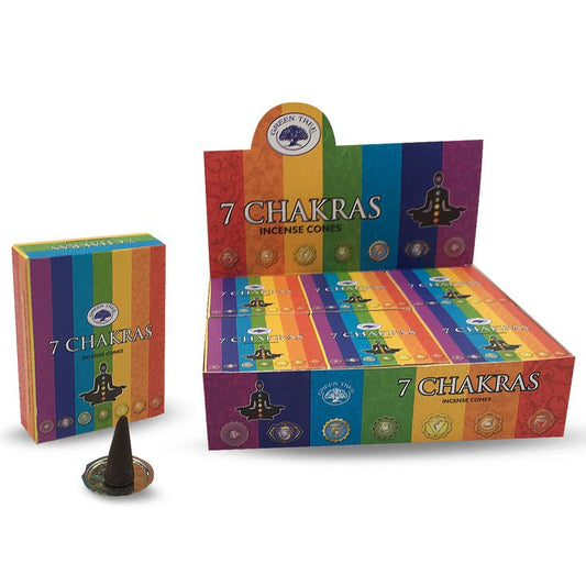 Green Tree Kegelwierook 7 chakra incense sticks, set of 10, featuring natural green and chakra symbols on packaging.