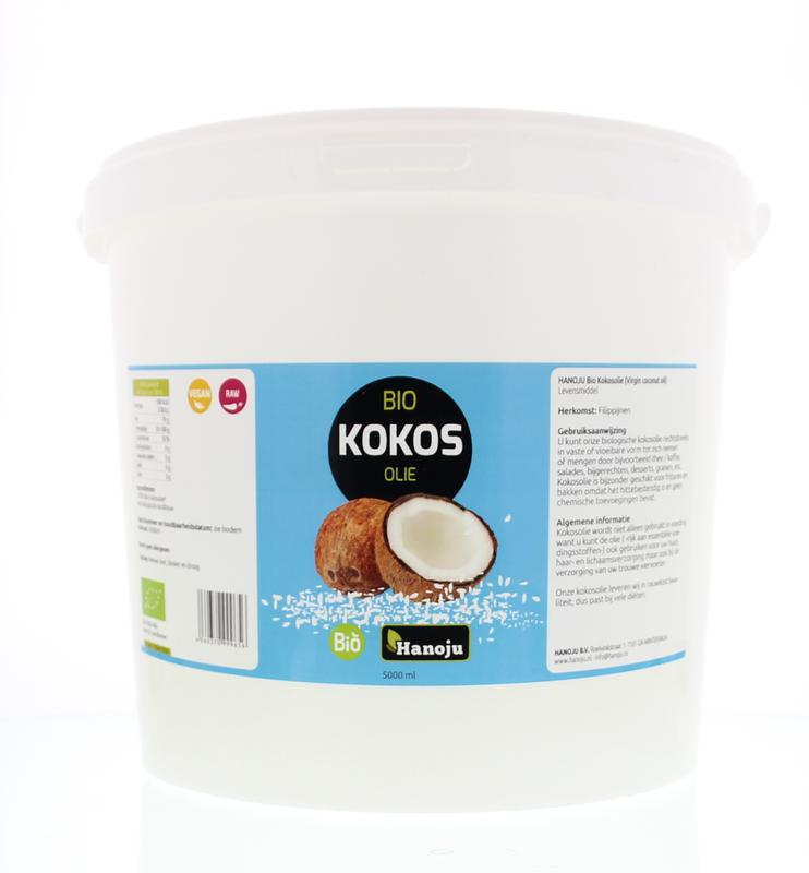 Virgin coconut oil in a 5-liter bottle from Hanoju, natural emmer bio oil, with a clear label showing the product and brand.
