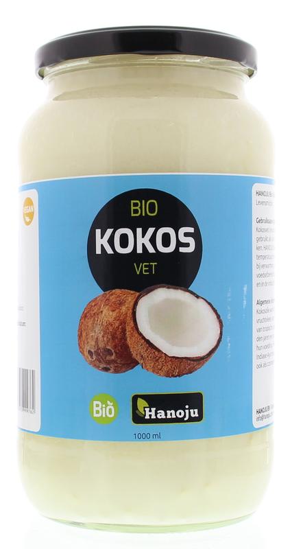 Hanoju unflavored organic coconut oil in a 1-liter glass bottle, natural cooking oil from the Oliën en Vetten category.
