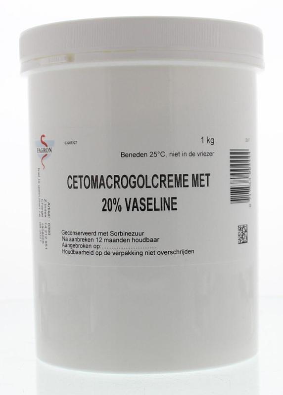 Fagron Cetomacrogol creme 20% vaseline body care product in a 1kg container, suitable for skin moisturizer and protection.